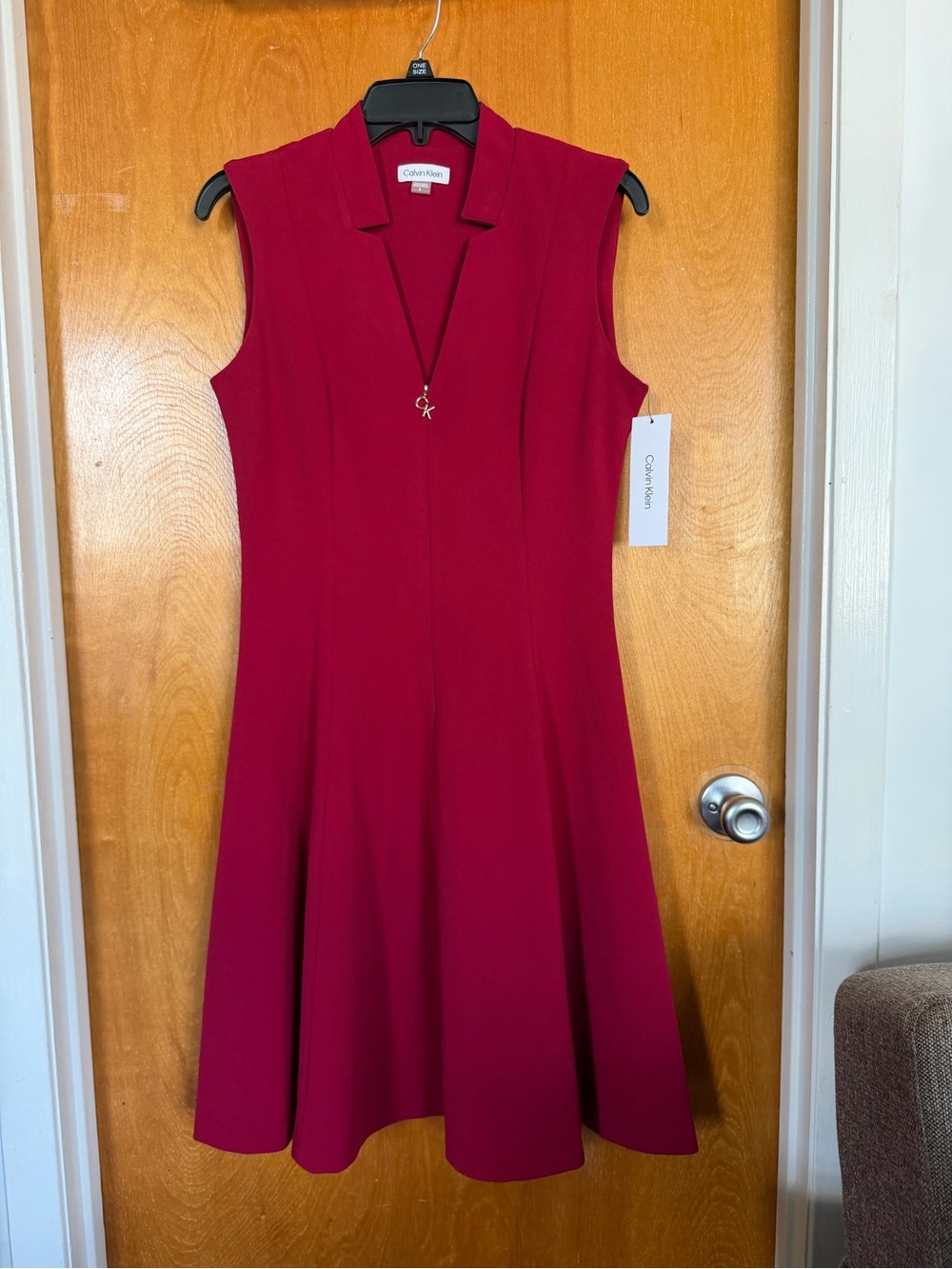 Calvin Klein Sleeveless Fit-and-Flare Dress in Berry Red